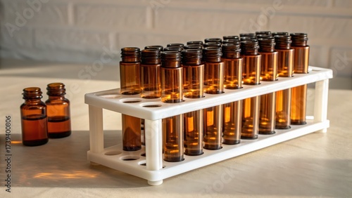 Set of amber glass bottles and sample vials on a white rack with soft natural lighting