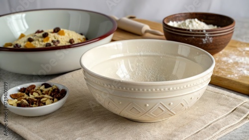 Simple kitchen setup with dishes ingredients and baking supplies for cooking preparation