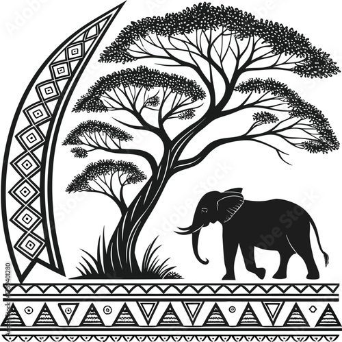 Vector art drawing of a wild elephant silhouette, a big mammal symbol of nature and safari wildlife