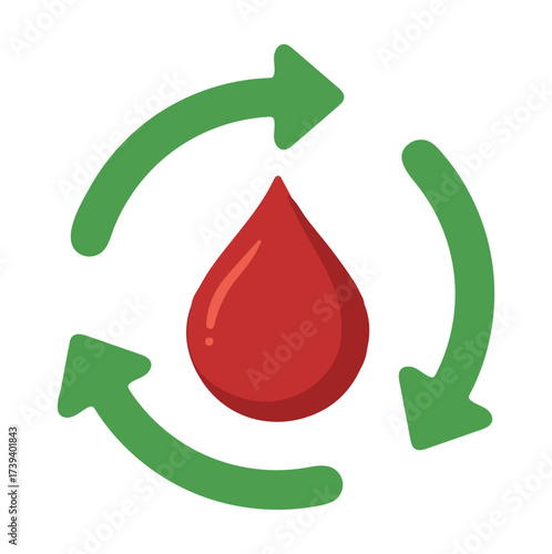 Blood Donation and Circulation Icon – Red Droplet with Green Arrows for Health, Sustainability, and Medical Awareness Themes