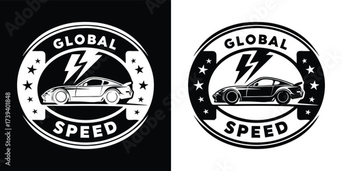 Vintage racing car emblem with lightning bolt and text global speed on black and white backgrounds