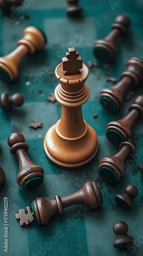 Dramatic chess game scene king standing victorious amidst fallen pieces conceptual