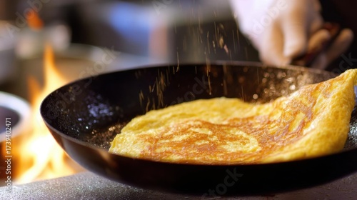 Person's hand sprinkling salt over an omelette in a black frying pan. the omelet is golden brown and appears to be freshly cooked. the pan is on a stovetop with a fire burning in the background.