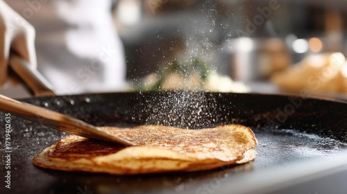 Close-up of a pancake being cooked in a frying pan. the pancake is golden brown and appears to be freshly cooked. a wooden spatula is being used to sprinkle sugar on top of the pancake.