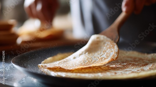 Person's hand holding a wooden spatula and spreading a pancake on a black frying pan. the pancake appears to be freshly cooked and is golden brown in color.