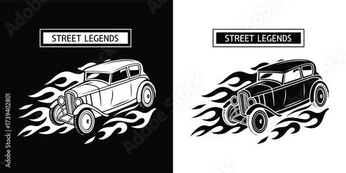 Vintage car with flames and text street legends, isolated on white background
