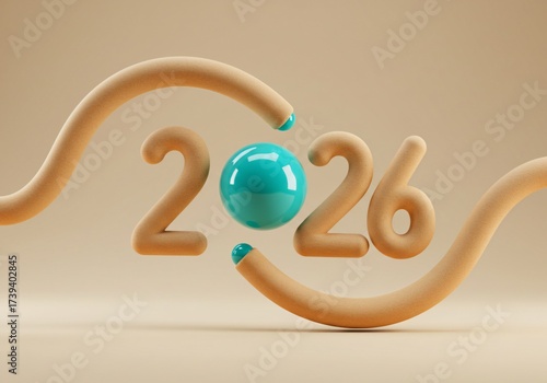 Playful 3d Render of 2026 with Smooth Tubes and Sphere