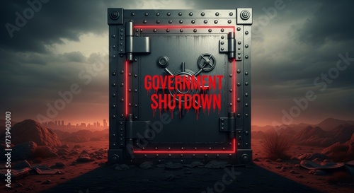 Conceptual art depicting a sealed government safe during a shutdown crisis