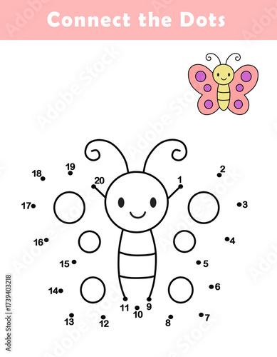 Dot to Dot Worksheet for Kids. Connect the dots to draw a cute butterfly. Illustration of butterfly. Coloring page.