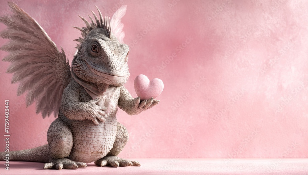 Naklejka premium An anthropomorphic lizard with feathered wings, holding a pink heart against a pink backdrop