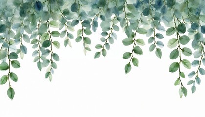 Delicate watercolor eucalyptus branches cascade down. Rich green leaves create a natural border on a clean white background. Ideal for wedding invitations or spring decor.