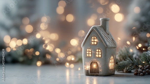 Wallpaper Mural A charming ceramic house lantern nestled among festive greenery, creating a cozy holiday atmosphere with warm glowing lights. Torontodigital.ca