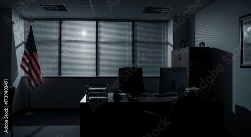 Gloomy government office reflects somber mood with half-closed blinds