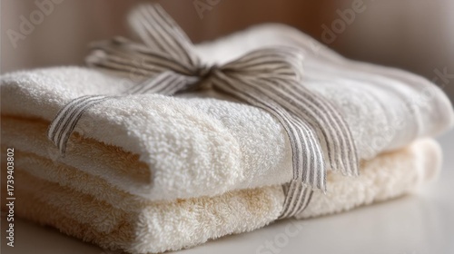Stack of folded white towels. the towels are neatly folded and tied together with a gray and white striped ribbon. the ribbon is tied in a bow at the top, creating a neat and tidy appearance.