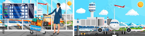 Woman in airport with luggage trolley looking at flight information board. Passenger waiting for plane at terminal and boarding bridge with airplane.