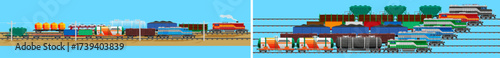Large collection of trains, cargo car and locomotive. Railroad transportation of goods and heavy freight. Logistics and delivery service.
