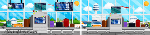 Airport check-in baggage security scanner with conveyor belt, passenger luggage, plane and control tower. Travel and vacation concept.
