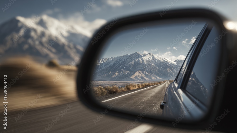 Fototapeta premium A breathtaking view of snow-capped mountains reflected in a car side mirror on a scenic road.