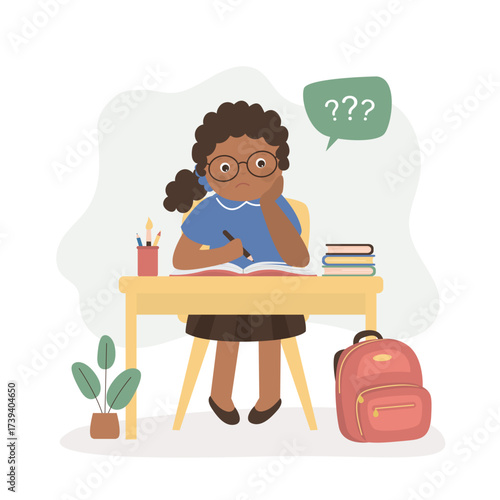 Girl student reading boring or lazy doing homework in flat design on white background. Boring face with books. Little african american kid study on desk and feel sad.