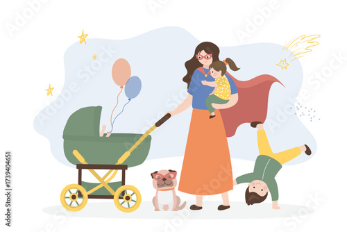 Motherhood, happy large family. Young mother with her son, daughter and baby in a stroller. Beauty mother in super hero costume walking with kids and newborn that is in pram