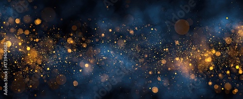 Abstract background of golden sparkles on a dark navy blue backdrop