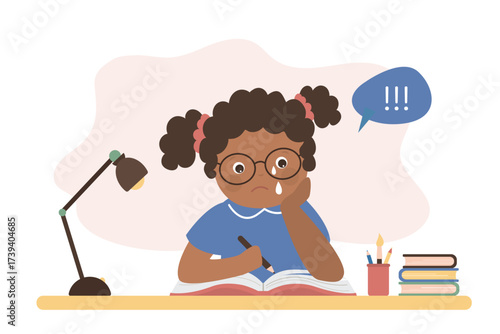 Unhappy student at lessons. Information excessive amount. Stressed african american girl with books piles and notes. Child doing homework. Poor school grades. Kids troubles