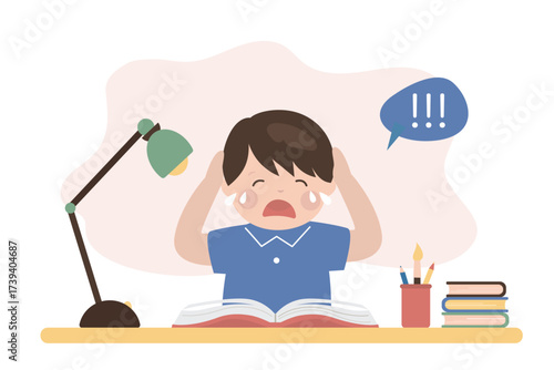 Unhappy student at lessons. Information excessive amount. Stressed caucasian boy with books piles and notes. Child doing homework and crying. Poor school grades. Kids troubles.