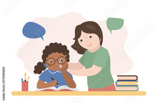 Teacher and mother calming down crying child. Unhappy student at lessons. Information excessive amount. Stressed african american girl with books piles and notes