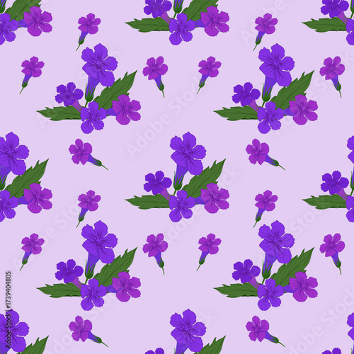  A scattered, non-repeating pattern of hand-drawn purple and magenta flower clusters with green leaves on a pastel lavender background.