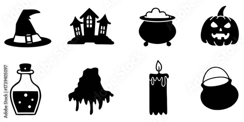 Black Halloween Silhouette Icon Set with Witch Hats, Jack-o-Lanterns, Haunted Houses, Full Moon, Cauldrons, Horror Graphics and Holiday Icons.