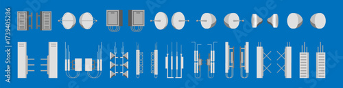Telecommunication antenna array on blue background. Set of various cell tower equipment, radio and satellite dish for network signal. Wireless communication concept.