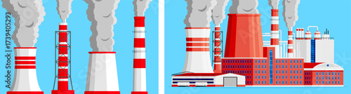 Industrial factories and power plant with smoking chimneys. Environmental pollution and global warming concept. Flat style vector.