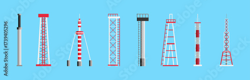 Set of different radio and television towers. Communication signal masts. Broadcast antenna for telecommunication, internet, mobile connection.