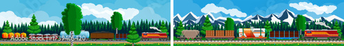 Cargo train carrying raw materials passing through a beautiful natural landscape with trees and mountains. Freight delivery concept.