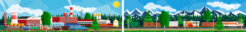 Train moving with various cargo cars near factory and against mountain landscape. Commerce, export, freight and delivery service concept.