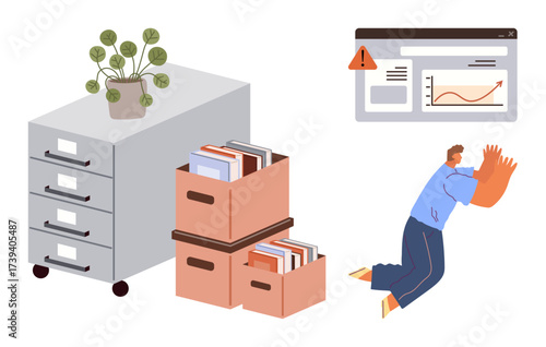 Overloaded filing cabinet, document boxes, stressed worker shielding from online alert graph. Ideal for stress, data overload, organization issues, management, work pressure, productivity simple