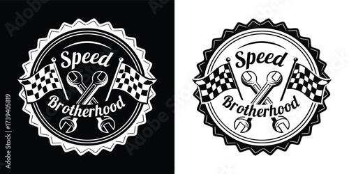 Retro style circular badge featuring crossed wrenches, checkered flags, and the text speed brotherhood, suitable for automotive or racing themes, in black and white