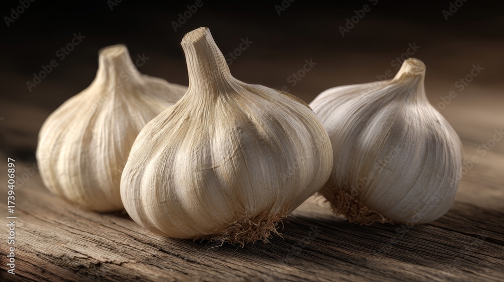 Obraz premium Three fresh garlic bulbs on a rustic wooden surface, showcasing their textured skin and earthy tones.