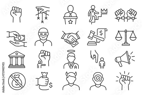 Corruption and Power Line Icons — Politics, Justice, Bribery, and Freedom Symbols Set