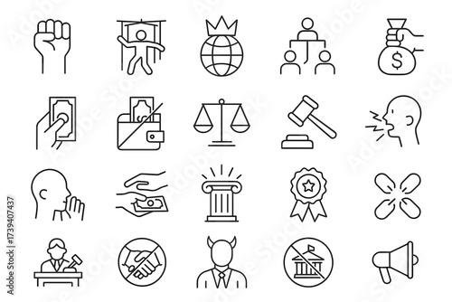 Corruption and Power Line Icons — Politics, Justice, Bribery, and Freedom Symbols Set