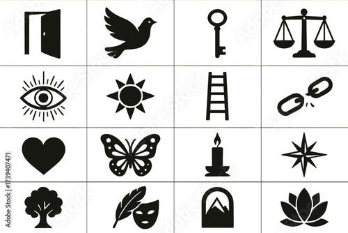 Freedom and Transformation Symbol Icons — Spiritual Awakening and Inner Balance Set