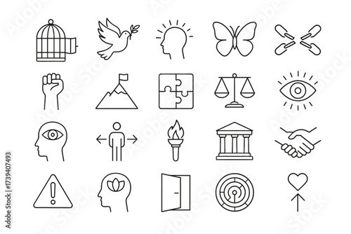 Corruption and Power Line Icons — Politics, Justice, Bribery, and Freedom Symbols Set