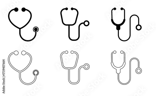 Two black and white illustrations of stethoscopes, one in solid black and the other in outline. The stethoscopes are depicted from a front-facing perspective, showing the chest piece and tubing.

