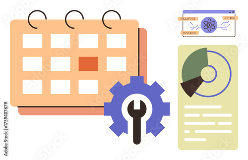 Calendar layout with highlighted date, gear and wrench for settings, circular data chart, and workflow diagram. Ideal for scheduling, planning, process improvement, analytics, business education