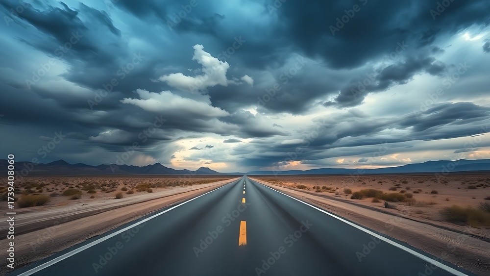 Fototapeta premium A deserted road stretches toward the horizon under dramatic cloudy skies, creating a cinematic mood.