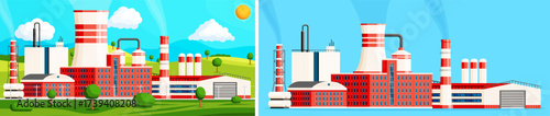 Industrial factory building set with chimney smoke. Power plant and refinery manufacturing facility. Environment pollution concept.