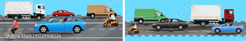 Two road scenes showing various vehicles and male drivers moving along the highway. Urban traffic, transportation, and cargo delivery concept.