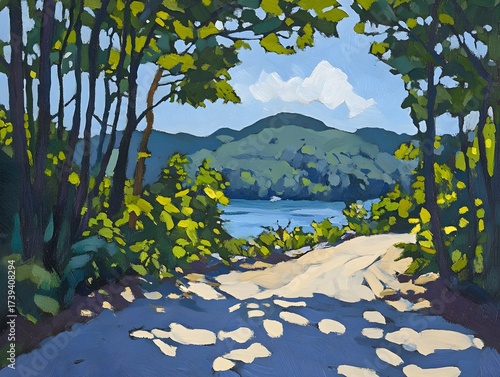Scenic Lakeside Path Summer Landscape Painting