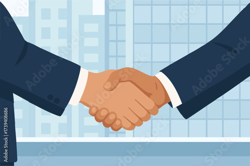 Business handshake agreement vector illustration in modern office
