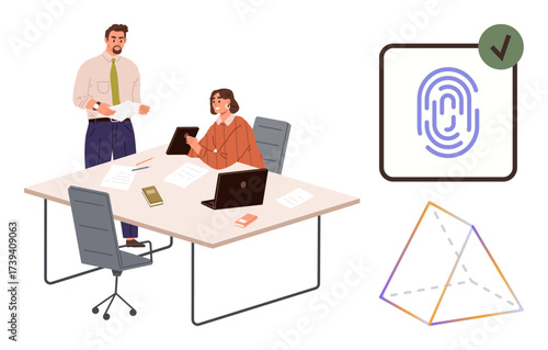 Two colleagues discussing documents at work table with laptops, fingerprint authentication checkmark, geometric diagram. Ideal for teamwork, security, technology, design, planning, modern trends